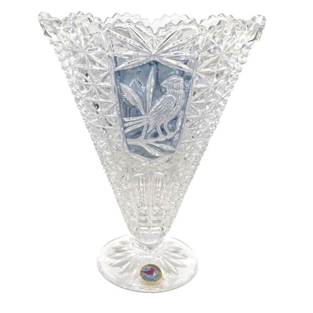Hofbauer Byrdes Rare Find Clear Blue Bird Crystal Vase Fan Shape 9" Vintage